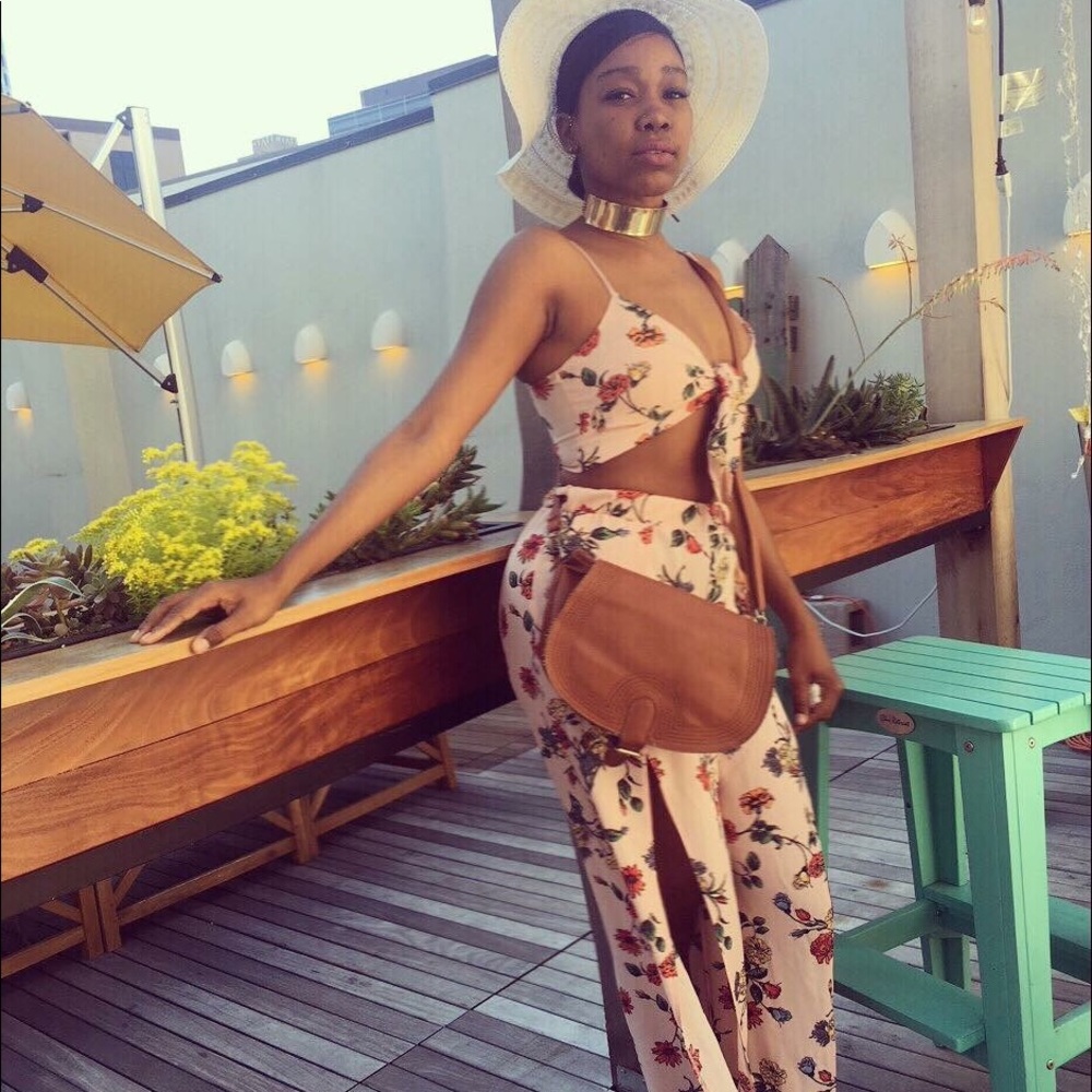 Two piece floral set—crop top/side split bottoms
